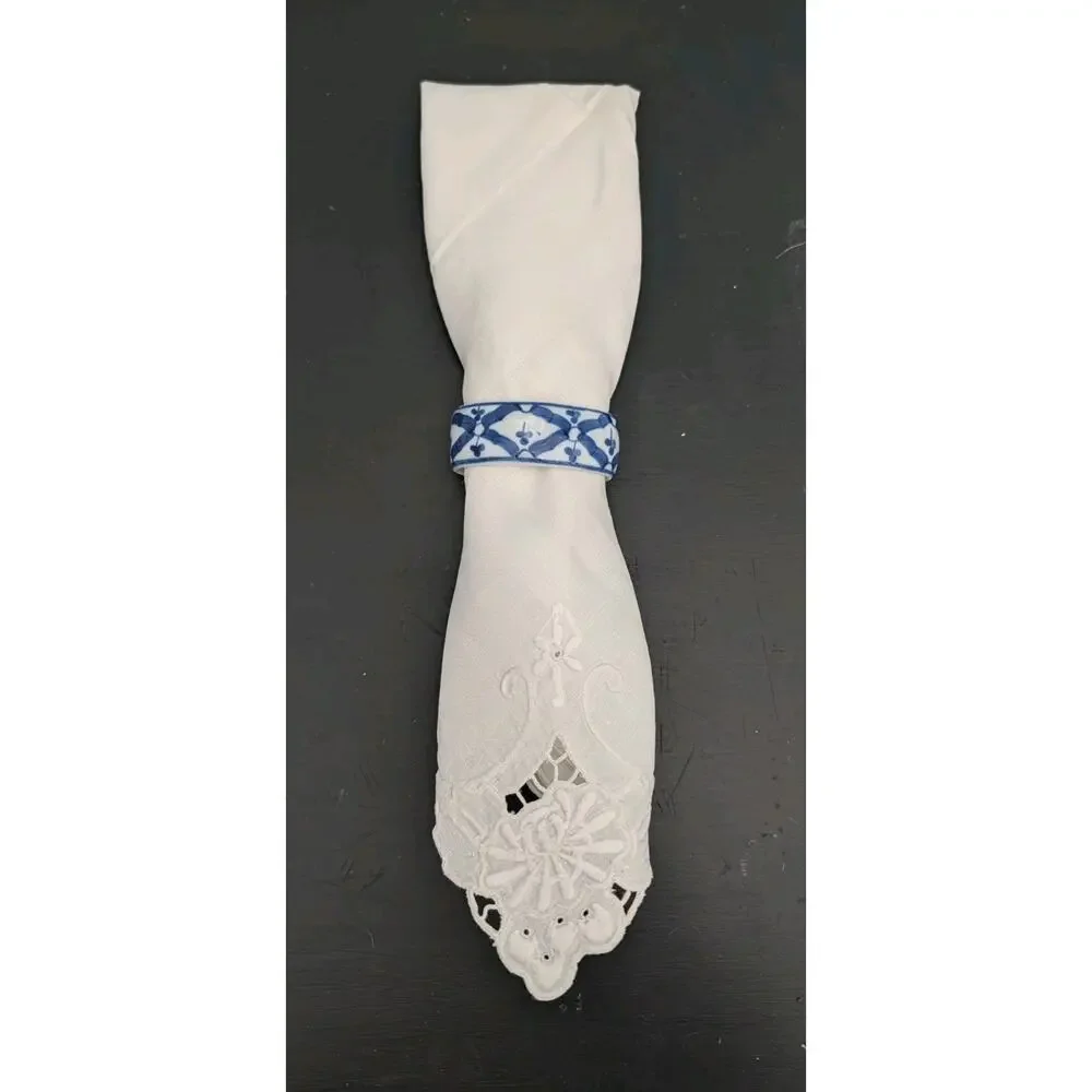 Blue White Porcelain Napkin Rings Set of 12 !! Vintage Hand Painted
